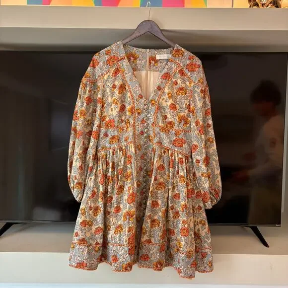 Zimmermann Andie Buttoned Floral Linen Mini Dress Long Sleeve 3 Large - Picture 6 of 16